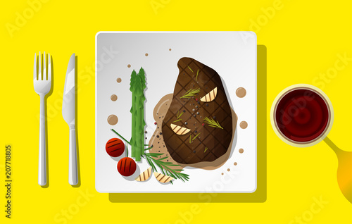 Grilled beef steak and spices served on plate with red wine , vector , illustration
