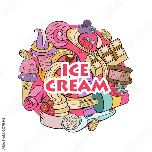 Miscellaneous ice cream with fruit and topping. Hand drawn vector illustration.