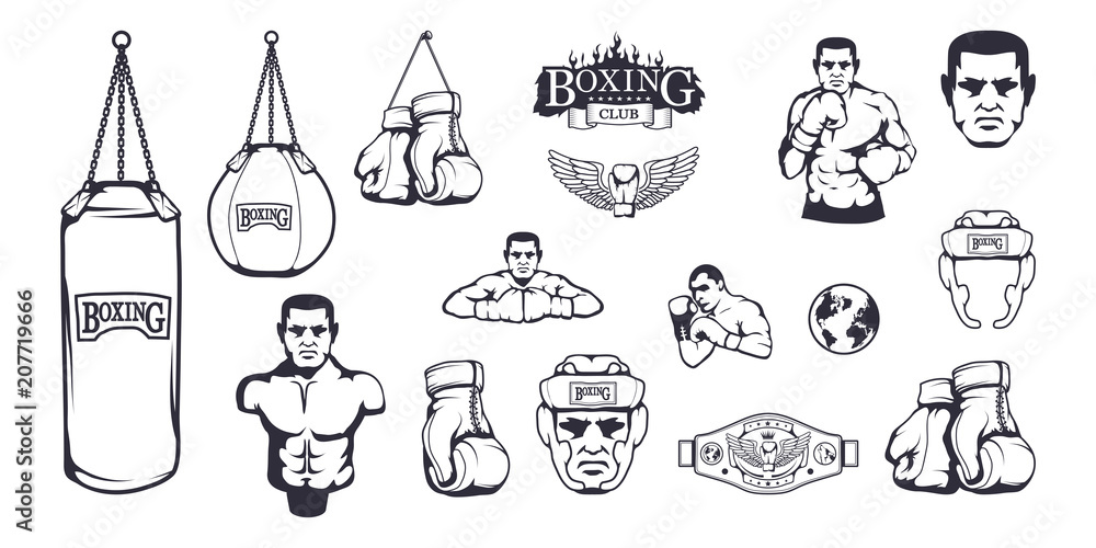 Set of different elements for box design boxing helmet, punching bag