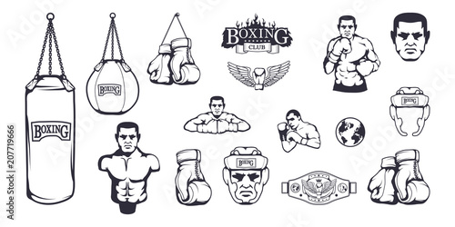 Set of different elements for box design - boxing helmet, punching bag, boxing gloves, boxing belt, boxer man. Sports equipment set. Fitness illustrations. Sport Club logo. Vector graphics to design