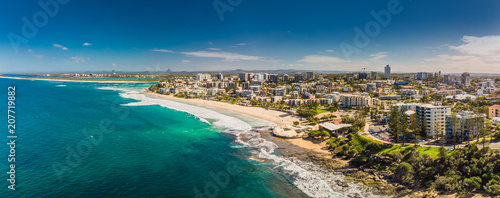 Canvas Print Aerial panoramic image of ocean waves on a Kings beach, Caloundra, Queensland