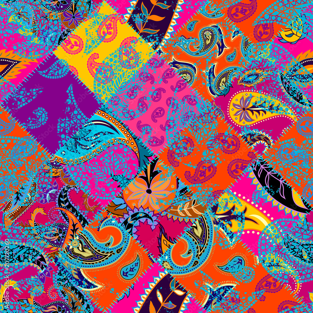 Seamless background pattern. Patchwork pattern with Paisley ornament patterns. Bright magenta and orange colors. Ethnic indian style. Vector image.