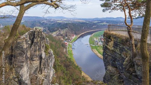 View from the Bastei on the river Elbe, Saxon Switzerland National Park, Germany