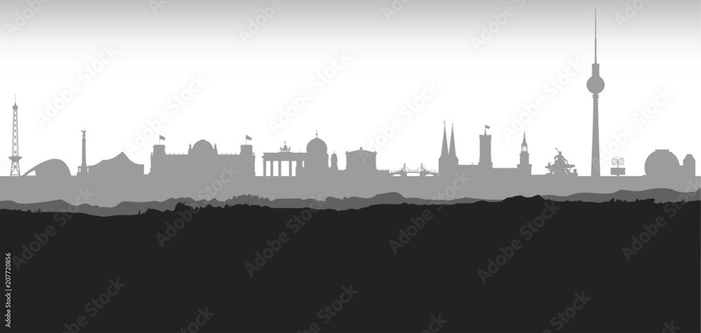 Germany silhouette skyline, german flat thin line icons, landmarks, illustrations. Germany cityscape, german travel city vector banner, Urban silhouette
