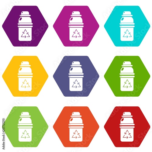 Purified water drink container icons 9 set coloful isolated on white for web