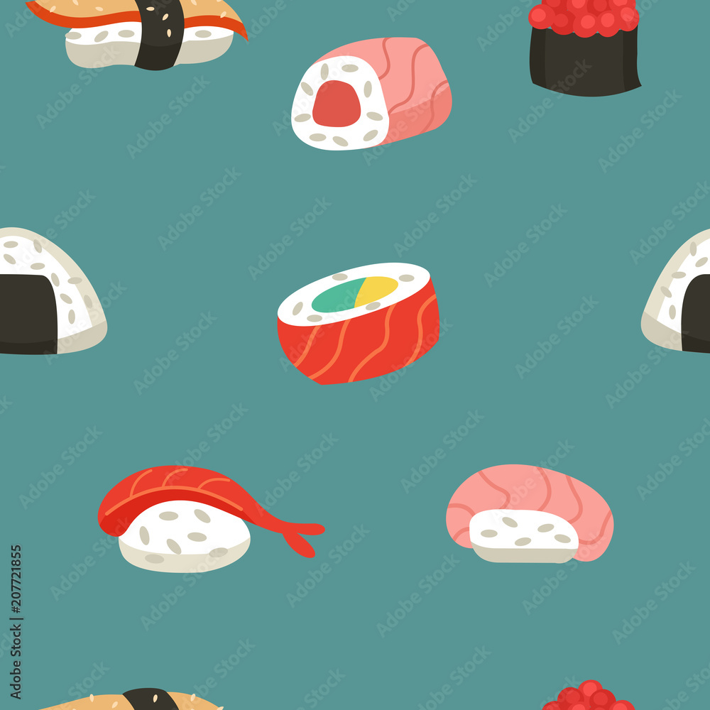 Japanese cuisine. Seamless pattern. Sushi and rolls. Japanese cuisine. Seamless pattern. Sushi and rolls.