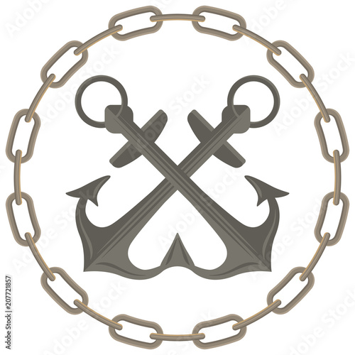 Anchor Logotype Design. Vector logo on the sea theme. Two anchors in the frame of the chain.