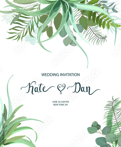 Greenery  frame with leaves, succulent , eucalyptus, fern and cactus. Perfect for wedding, frame, pattern,greeting card, invitations, lettering. Watercolor style. Vector illustration