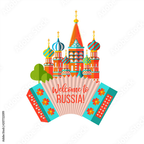 Travel to Russia. Traditional Russian symbols. Vector illustration.