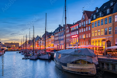 Copenhagen city skyline with view of Nyhavn in Copenhagen, Denmark