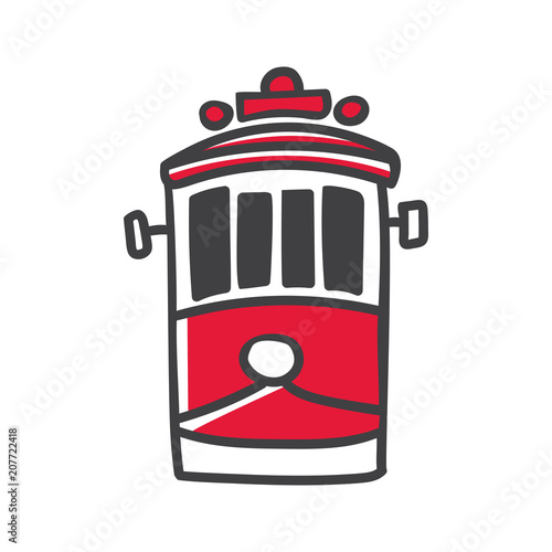 Modern vector line illustration of hand drawn doodle turkish symbol - red retro tram. Simple minimalistic sketch design with black outline and red element isolated on white. Touristic logo, icon.