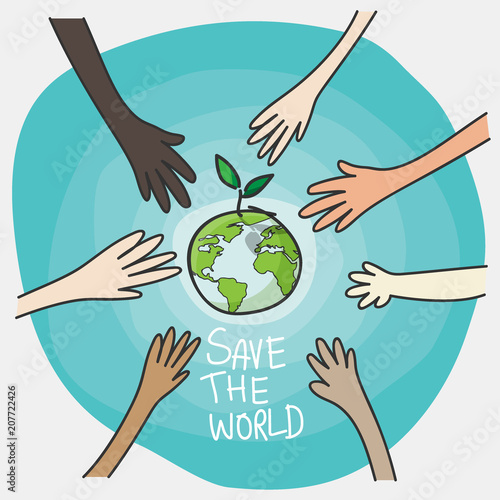 world environment day and sustainable environment concept. people's volunteer hands planting green globe and tree for saving environment nature conservation and csr corporate social responsibility