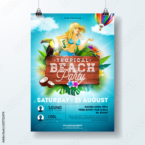 Vector Summer Beach Party Flyer Design with sexy young girl and typographic elements on wood texture background. Summer nature floral elements, tropical plants, flower, toucan bird and air balloon