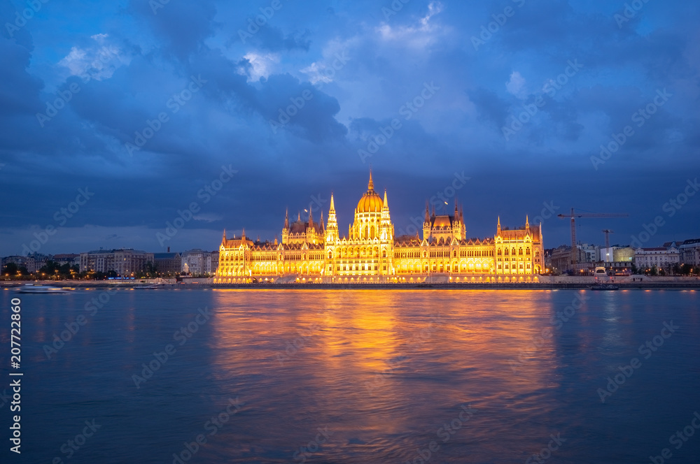 Hungarian Parliament Building at night in Budapest city, Hungary
