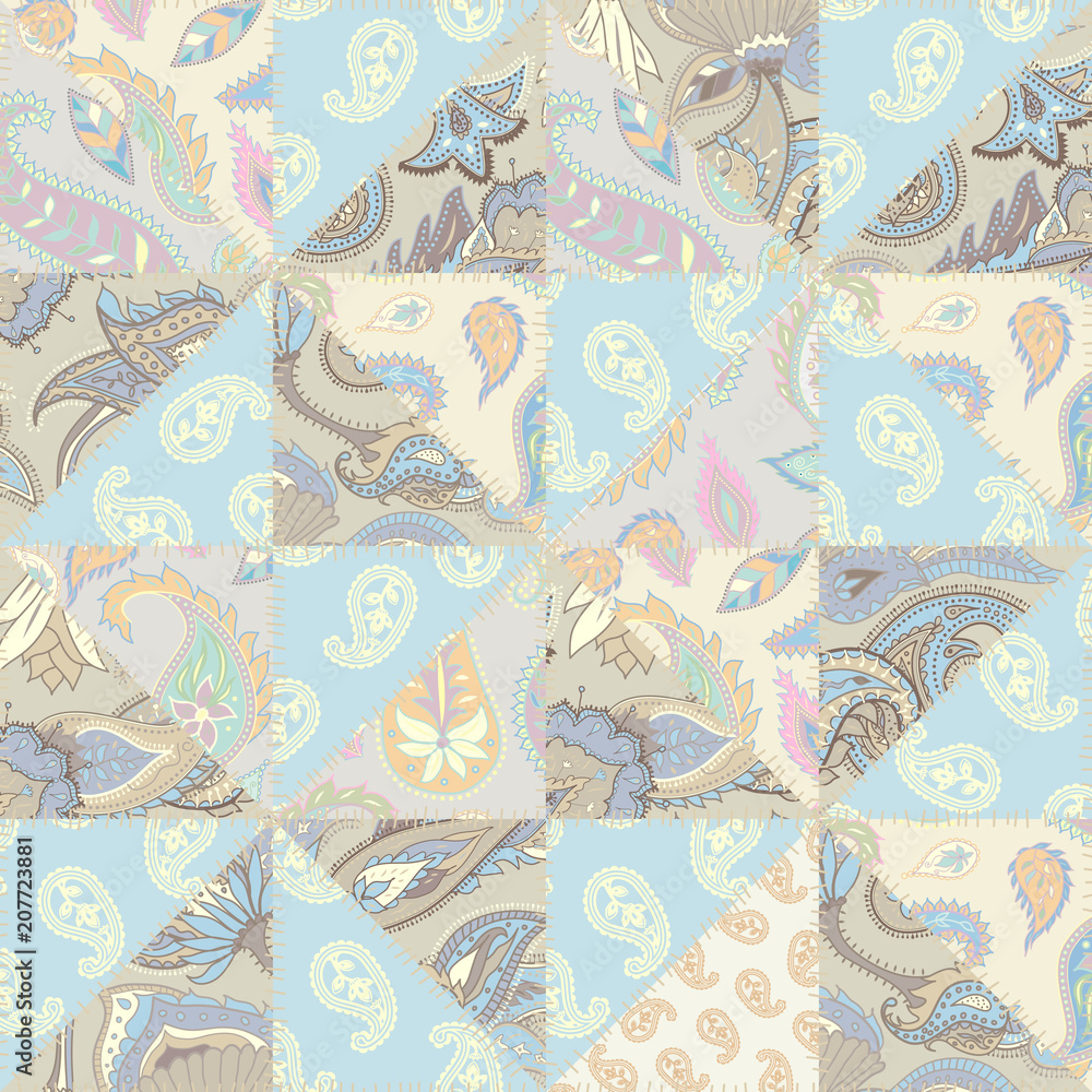 Seamless background pattern. Patchwork pattern of a triangles with Paisley ornament patterns. Vector image.
