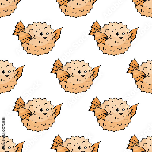 Seamless pattern in doodle style with the image of a cute puffer fish. Colorful vector background.