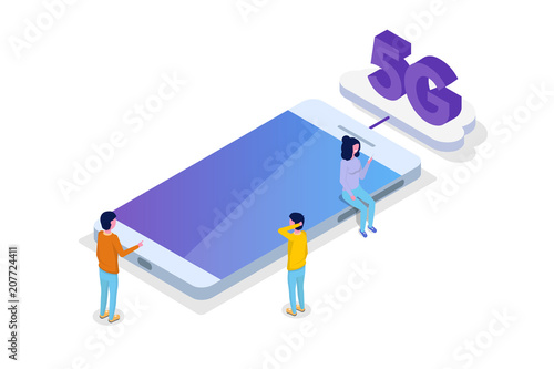 5G connection isometric concept. Telecommunications technology. Vector illustration.