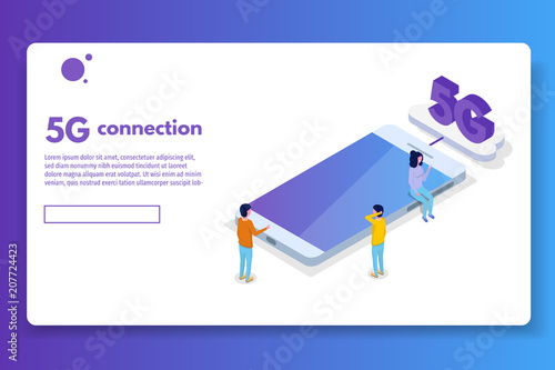 5G connection isometric concept. Telecommunications technology. Vector illustration.