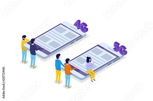 5G connection isometric concept. Telecommunications technology. Vector illustration.