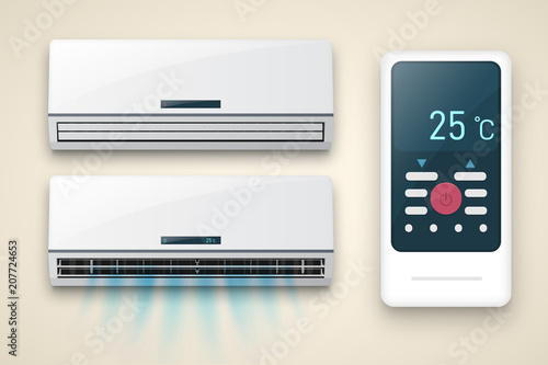Air conditioner template. Vector realistic illustration. Conditioner with fresh air streams.