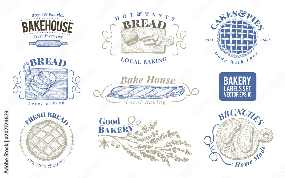 Bakery set of vector monochrome labels, badges, emblems. Hand drawn retro illustrations. Logo design templates. Can be use for menu, packaging.