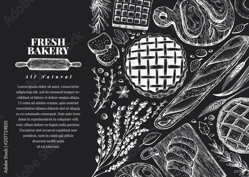 Vector bakery hand drawn illustration on chalk board. Background with bread and pastry. Retro design template. Can be use for menu, packaging.