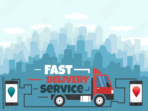 Fast Delivery Website Banner. Delivery service app on mobile phone. Vector illustration in flat style