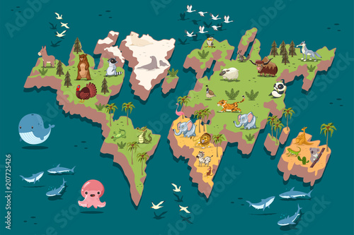 World map with cute animals for children. Vector cartoon flat illustration.
