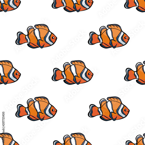 Seamless pattern in doodle style with the image of a cute fish. Colorful vector background.