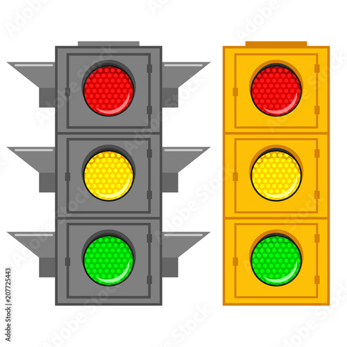 Road traffic light with green, red and yellow signal. Vector cartoon flat icons set of street stoplight isolated on white background.