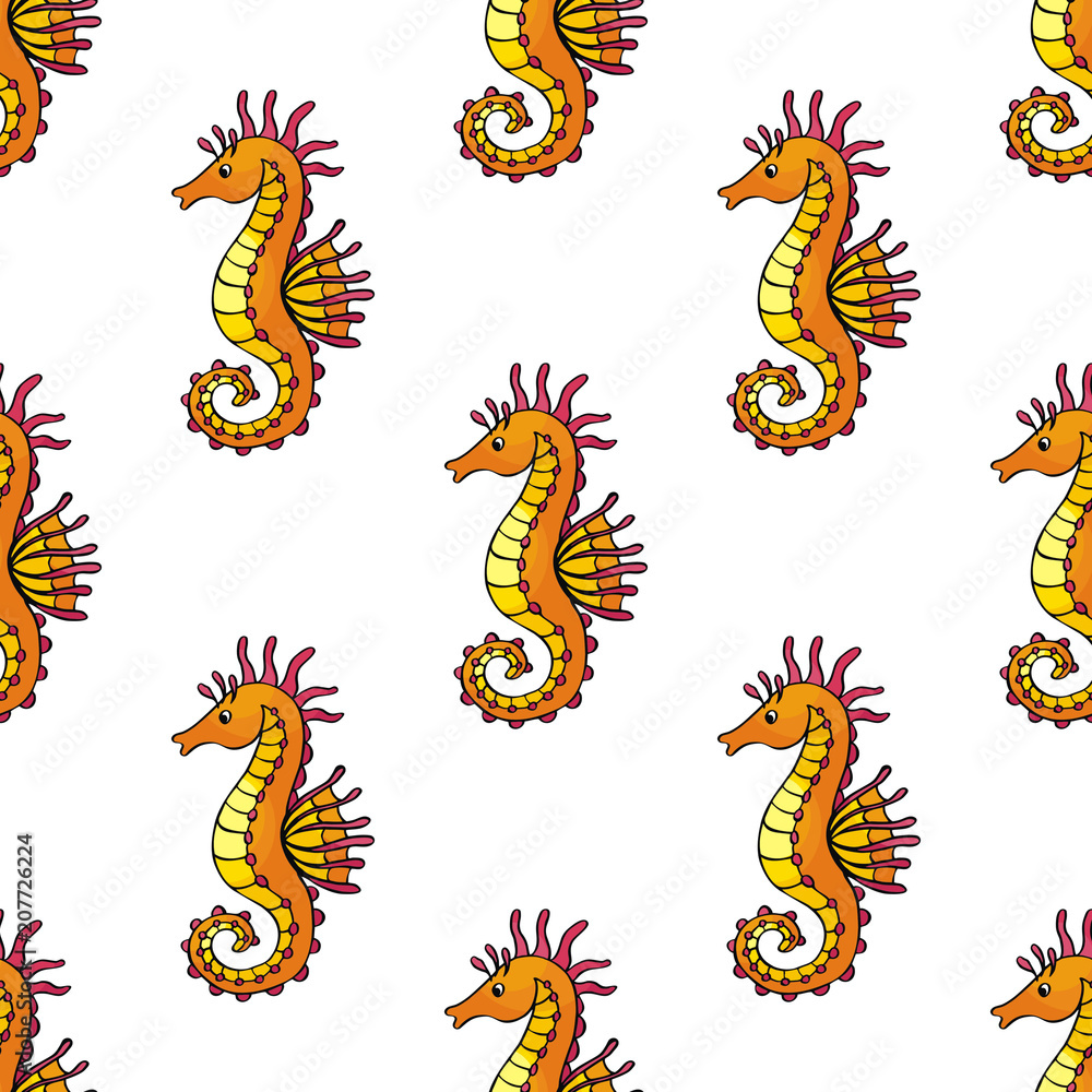 Seamless pattern in doodle style with the image of a cute sea horse. Colorful vector background. Seamless pattern in doodle style with the image of a cute sea horse. Colorful vector background.