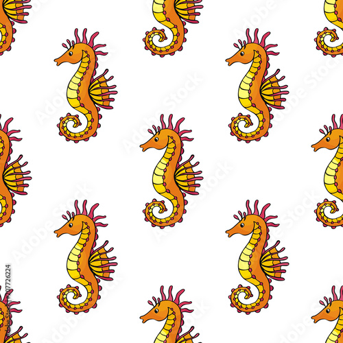 Seamless pattern in doodle style with the image of a cute sea horse. Colorful vector background.