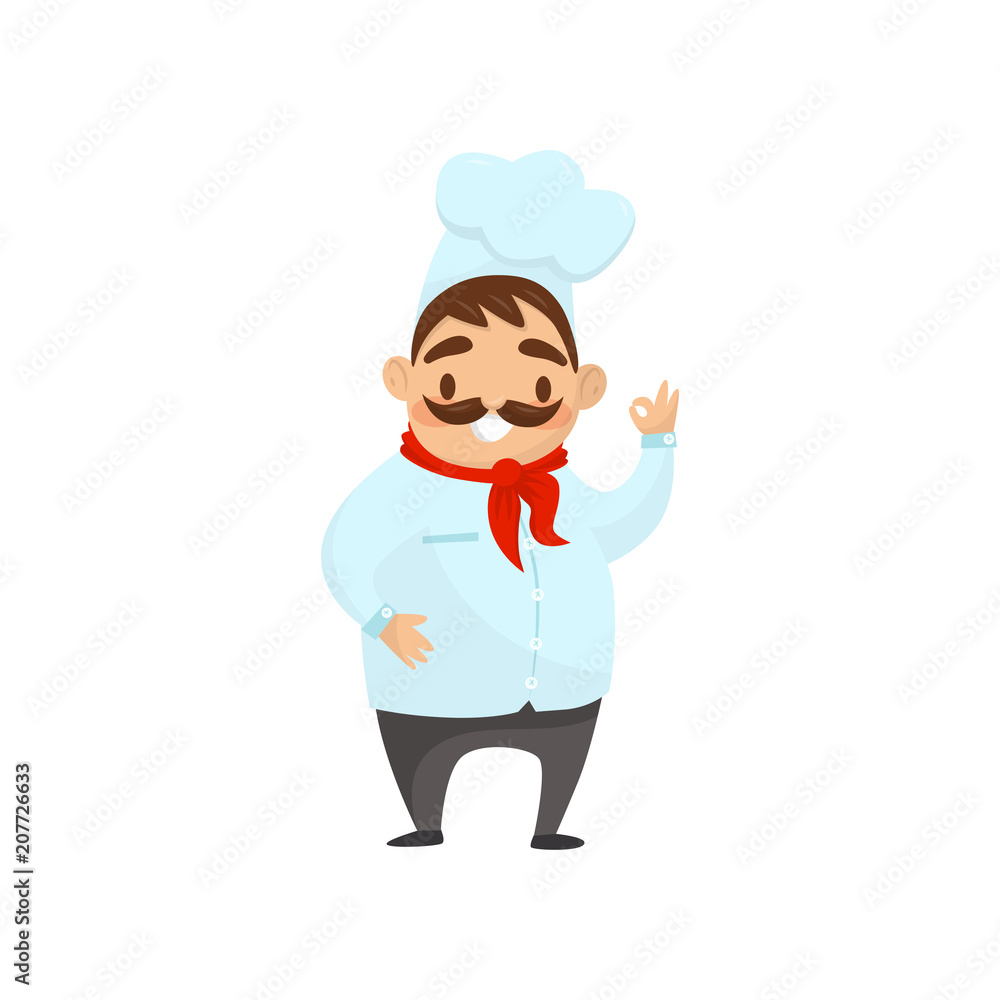 Cartoon chef character showing Ok gesture. Smiling man with mustache in uniform. Flat vector element for promo banner or flyer Cartoon chef character showing Ok gesture. Smiling man with mustache in uniform. Flat vector element for promo banner or flyer