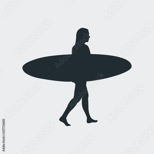 Icono plano silueta mujer con tabla de surf en fondo gris
