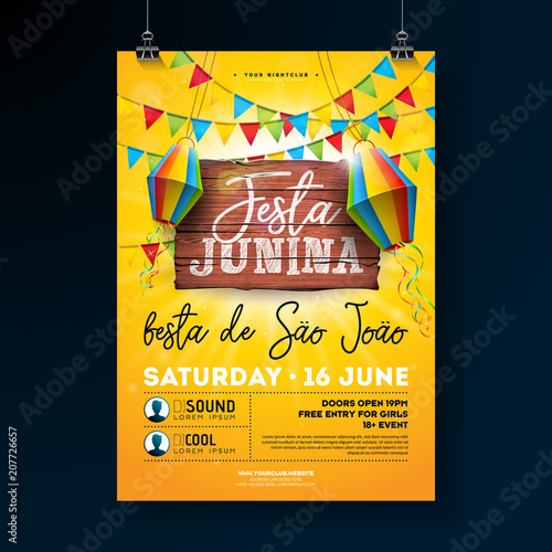 Festa Junina Party Flyer Illustration with typography design on vintage wood board. Flags and Paper Lantern on Yellow Background. Vector Brazil June Festival Design for Invitation or Holiday