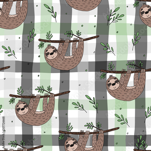 seamless pattern with cute doodle sloth print