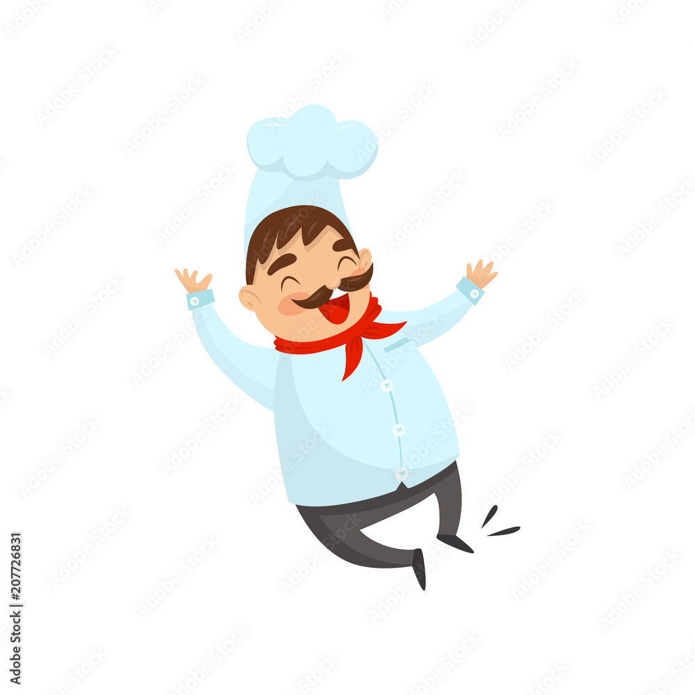 Joyful chef in jumping action. Cartoon character of funny man with mustache. Cook in traditional uniform Flat vector icon Joyful chef in jumping action. Cartoon character of funny man with mustache. Cook in traditional uniform Flat vector icon