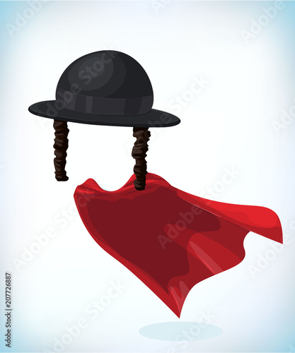 Orthodox jewish hat with sideburns. Black cylinder hat. Judaism symbols. Masquerade costume headdress. Carnival or Halloween mask. Cartoon Vector illustration photo