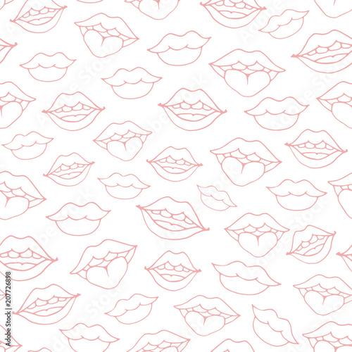 Hand drawn vector seamless pattern with woman lips of different shapes outline showing smile  teeth and tongue on the black background. Mouth line art in sketch style.