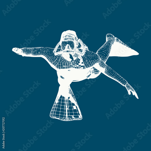 Silhouette of diver. Icon diver. The concept of sport diving. Vintage engraved illustration