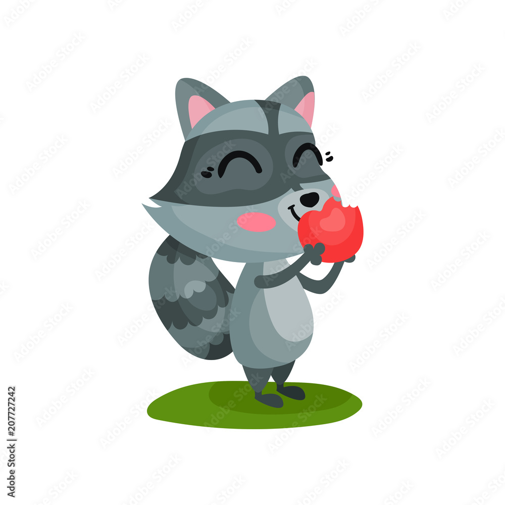 Lovely raccoon eating ripe red apple. Cartoon character of wild forest  animal with happy face expression. Flat vector icon Stock Vector | Adobe  Stock