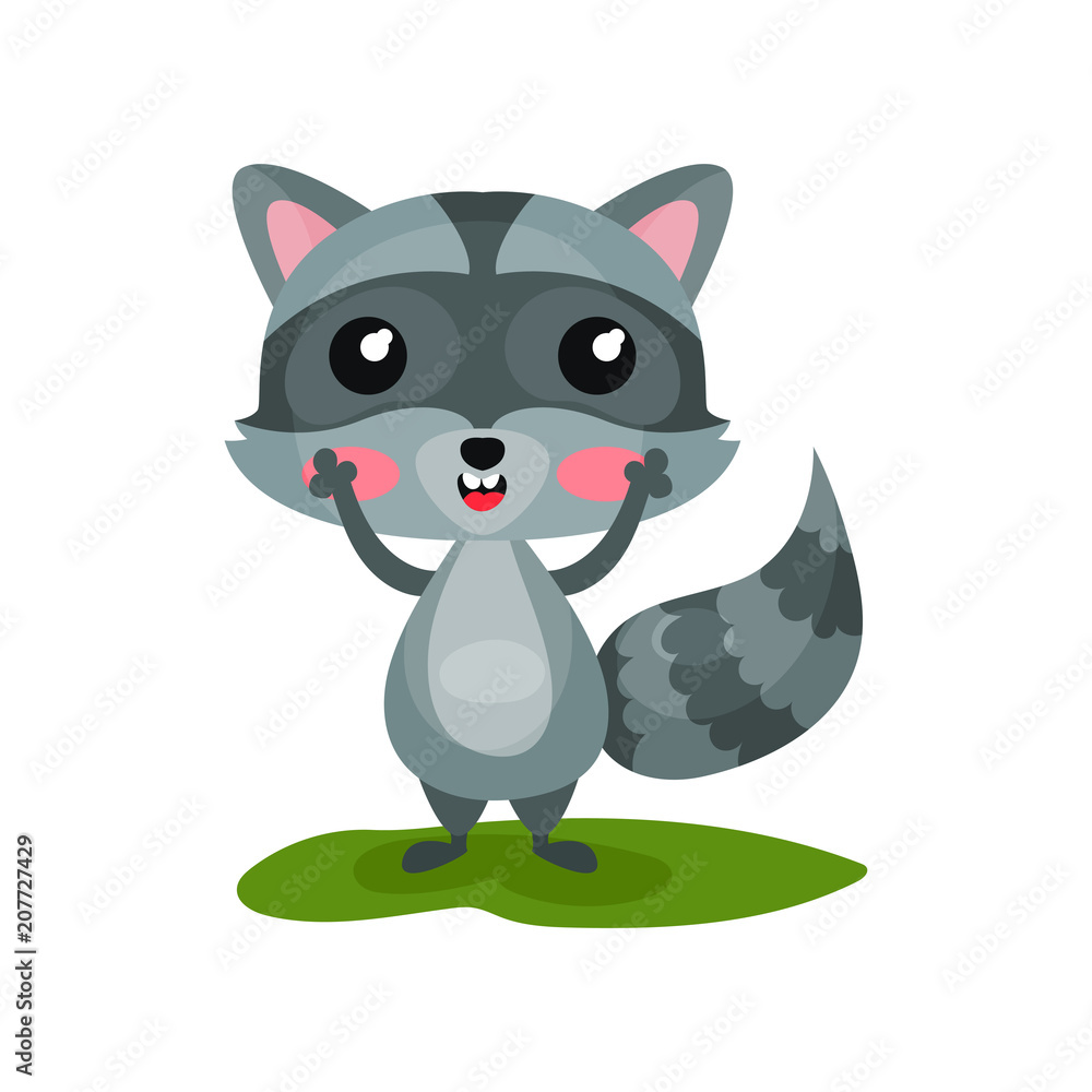 Flat vector icon of cute raccoon with excited face expression. Adorable forest animal with shiny eyes, pink cheeks and striped tail