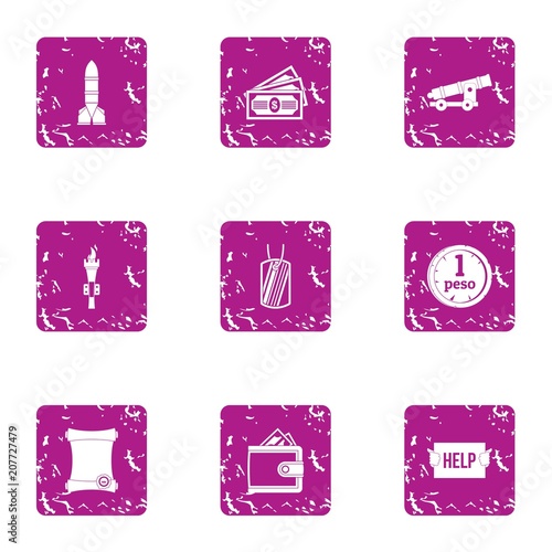Military stability icons set. Grunge set of 9 military stability vector icons for web isolated on white background