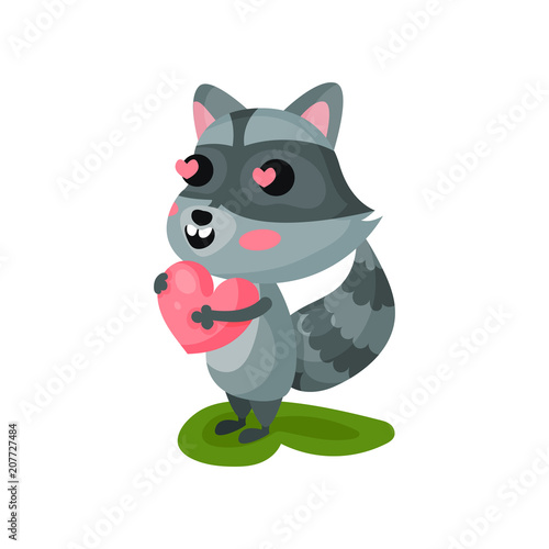 Enamored raccoon holding pink heart in paws. Funny forest animal. Flat vector design for greeting card or sticker