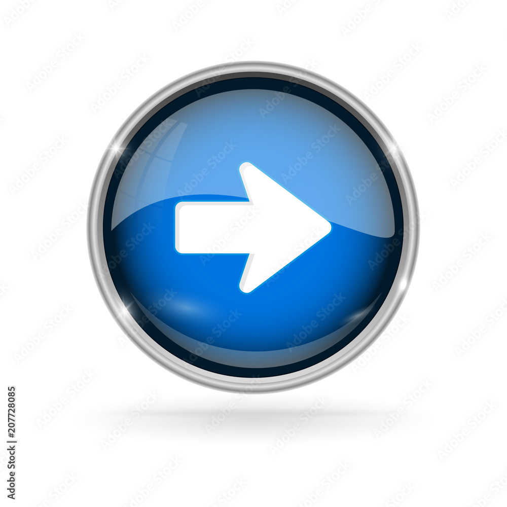 Blue glass button with chrome frame. Next 3d sign