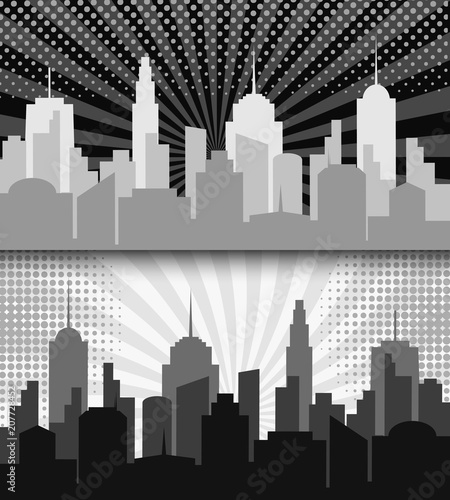 Comic cityscape monochrome horizontal banners