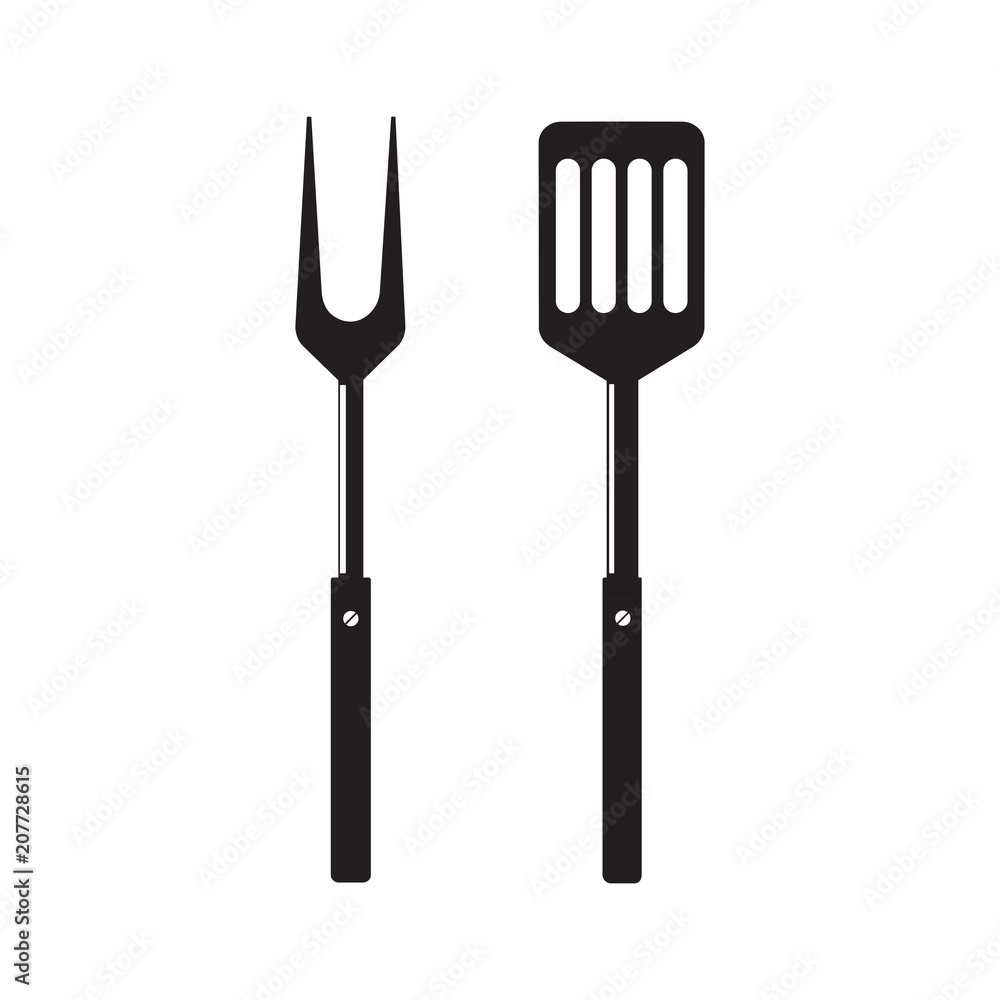 BBQ or grill tools icon. Barbecue fork with spatula. Black simple  silhouette. Symbol Template Logo. Vector illustration flat design. Isolated  on white background. vector de Stock | Adobe Stock
