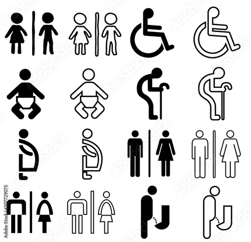 modern style of toilet sign with baby, men, women, pregnant women, aged, handicapped in art style design and access use warning in toilet , vector set