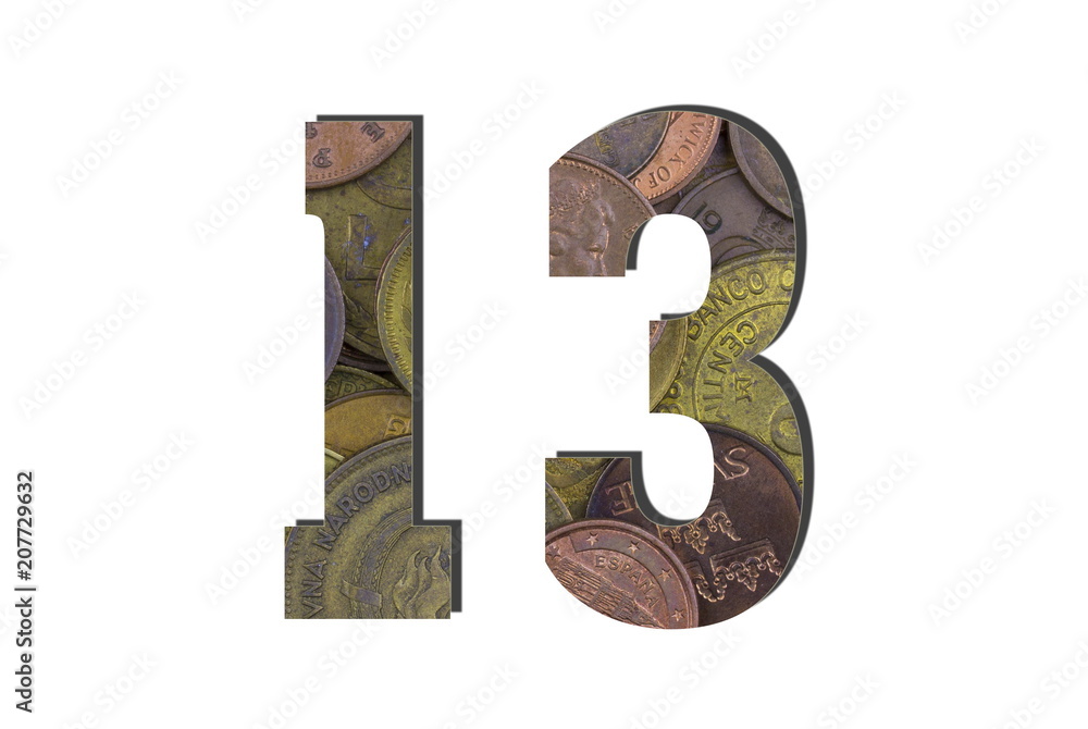 13 Number. Different worlds coins texture. Percent and Discount theme. White isolated 13 Number. Different worlds coins texture. Percent and Discount theme. White isolated
