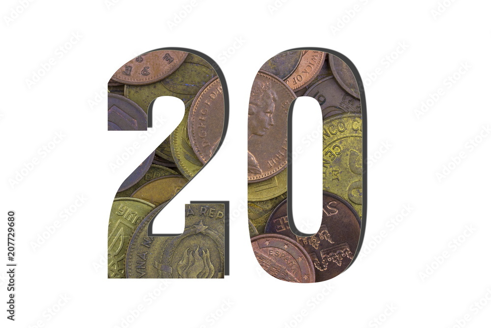 20 Number. Different worlds coins texture. Percent and Discount theme. White isolated 20 Number. Different worlds coins texture. Percent and Discount theme. White isolated